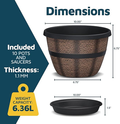10-Inch Whiskey Barrel Planters Outdoor Pack of 10 - Durable Plastic Plant Pots for Indoor & Outdoor Use with Drainage & Saucer, Lightweight Rustic Barrel Planters for Flowers, Herbs & Small Plants