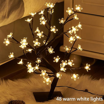 PEIDUO 17.5 Inch Lighted Cherry Blossom Tree, 48 Warm White Lights Plug in Adapter, Light up Bonsai Tree for Christmas Indoor Home Bedroom Living Room, Tabletop Decor Night Light Artificial Tree