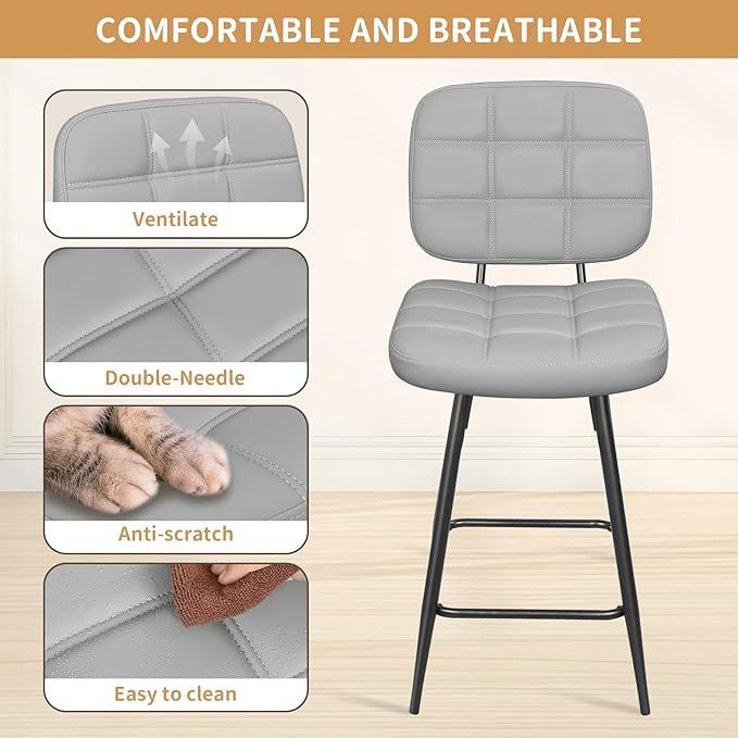 Bar Stools Set of 2, 24 Inch Upholstered Metal Barstool with Back and Footrest, Bar Chair with Metal Base for Dining Room Counter Island, Light Grey