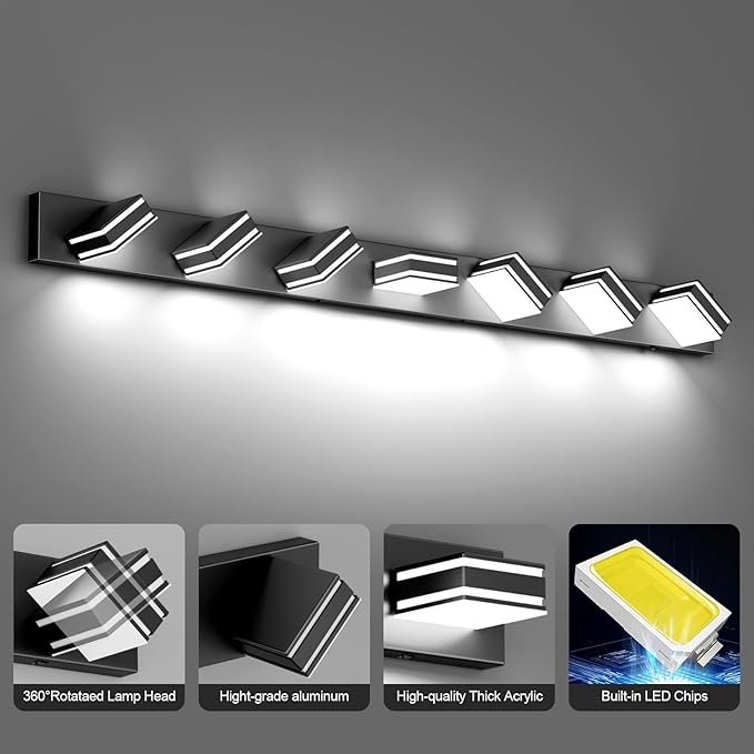 Ralbay 55inch Black Vanity Light 5 Color Temperatures (3000K-6000K) Dimmable Metal Acrylic LED Modern Matte Black Bathroom Wall Lighting for Mirror (7-Light)