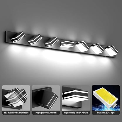 Ralbay 55inch Black Vanity Light 5 Color Temperatures (3000K-6000K) Dimmable Metal Acrylic LED Modern Matte Black Bathroom Wall Lighting for Mirror (7-Light)
