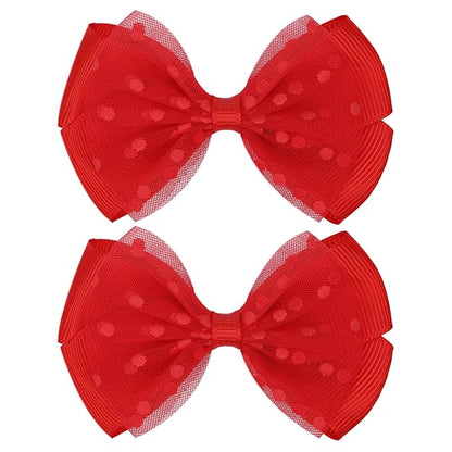 Tiny 3 Inch Dot Organza Double Hair Bow Clips - Cute Lined Boutique Alligator Hairpin for Girls, Toddlers, and Little Teens - Kids Barrettes Set of 2 Small Stylish (Red)