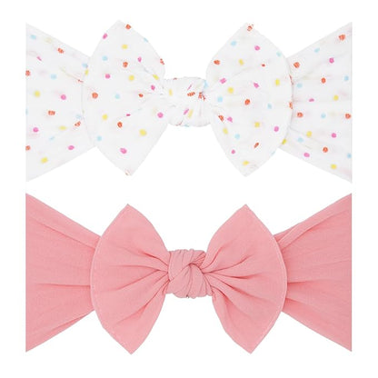 Baby Bling Bows - Newborn to Little Baby Girl Bows, 2 Pack Nylon Super Soft Stretchy Knot Toddler Headbands, Perfect Hair Accessories Head Bands for Infant Kids(White Rainbow Dot & Zinnia)