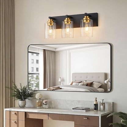 Fivesun Bathroom Vanity Light Fixture, 3-Light Black and Gold Bathroom Light Fixtures Over Mirror with Clear Glass Shades, Modern Vanity Lights for Bathroom Living Room Hallway (Bulbs Not Included)