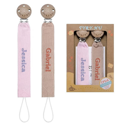 TYRY.HU Personalized Pacifier Clip with Name, Embroidery Pacifier Holder for Baby Girls and Boys, Neutral Binky Clips Universally Fit All Pacifiers, Baby Gift, 2 Pack(Pink, Khaki)