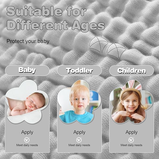 MUKIN Baby Hooded Towels, Muslin Cotton, 2-Pack, for Newborn, Infant, Toddler and Kids (White,Grey)