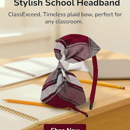 ClassExceed School Headband, Plaid bow headband, back to school, available in variety of school plaids (Plaid 54 Burgundy white light Gray, Regular)
