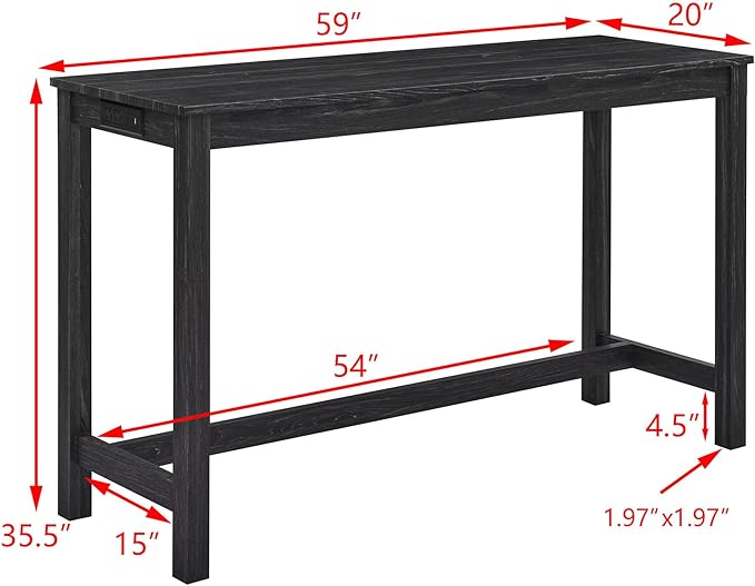 Ball & Cast 4 Piece Kitchen Dining Room Table and Chairs Set, Farmhouse Wooden Counter Height Bar-Sets w/USB Ports & Power Outlet & 3pcs Stools, 59" Sofa-Table Barstool w/Charging Station, Black