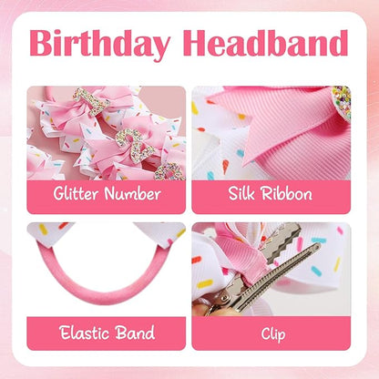 1st Birthday Hair Bow for Baby Girls, Pink Headband Hair Accessories for Girls 1 2 3 4 5 6 Years Birthday Confetti Ice Cream Party Supplies Decorations