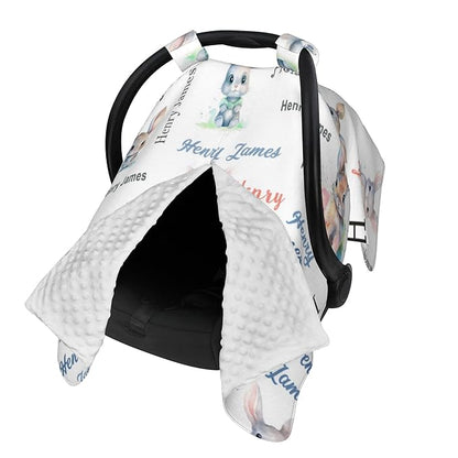 Personalized Winter Baby Car Seat Cover with Name Rabbit Winter Car Seat Cover for Baby Seat or Stroller Custom Infant Car Seat Covers Bunny Minky Blankets Nursing Cover Breastfeeding Scarf