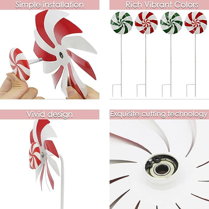 5pcs Wind Spinners Metal Colorful Flowers Garden Stake, Christmas Lollipop Pinwheels, 27" Metal Windmill Yard Art Lawn Ornaments Outside Decorations, Christmas Outdoor Decorations Gift