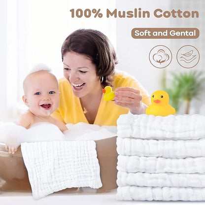 Yoofoss Muslin Baby Washcloths 100% Organic Cotton Face Towels 10 Pack Wash Cloths for Baby 12x12in Soft and Absorbent Baby Wipes (White)