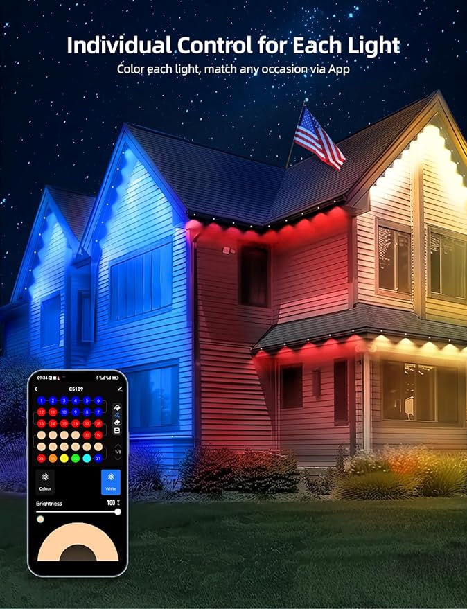 APPECK Permanent Outdoor Lights 50ft with 36 RGBW LEDs, DIY Scene Modes, LED Eaves Lights Waterproof with App Control, for Daily Holiday House Decorations, Voice/Remote Control, Black