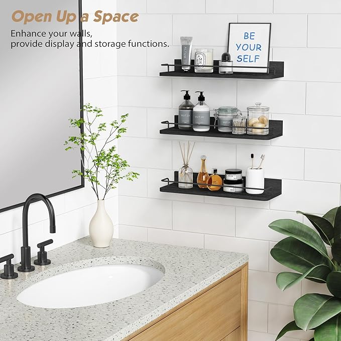 Forbena Black Floating Shelves for Wall, Bahtroom Wall Shelves Over Toilet, Rustic Hanging Shelf with Lip Rail for Bedroom Kitchen Office Living Room Picture Photo Decor, 17 Inch Long-Set of 3