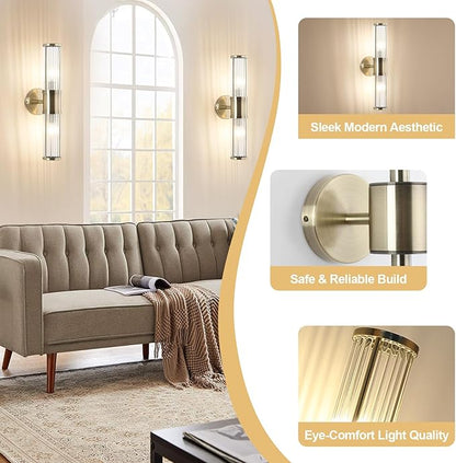 Brushed Bronze Wall Sconces Set of Two, Bathroom Sconces with Glass Rods Shade, Modern Vanity Sconces Lighting Over Mirror, Wall Light Fixtures for Living Room Bedroom (Bulbs Not Included)