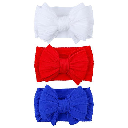 LemonSpace Handmade Headband for 4th of July Blue Baby Bow Newborn Accessories Infant Girls Hair Bows Red White and Blue Stretchy Soft Nylon Baby girl Bows Newborn Toddlers Headwrap