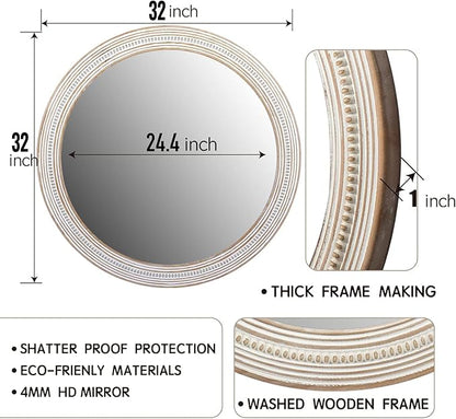 32 Inches Farmhouse Round Wood Mirrors for Wall Decor, Rustic Decorative Circle Mirror for Bathroom, Living Room, Foyer, Entryway