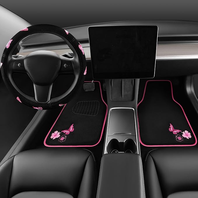 CAR PASS Embroidery Butterfly Steering Wheel Cover and Waterproof Car Floor Mats,Pink Car Mats 14.5-15inch Steering Wheel Covers Universal Fit for Cars, Suvs,Sedans,Van,for Women Girl(Black and Pink)