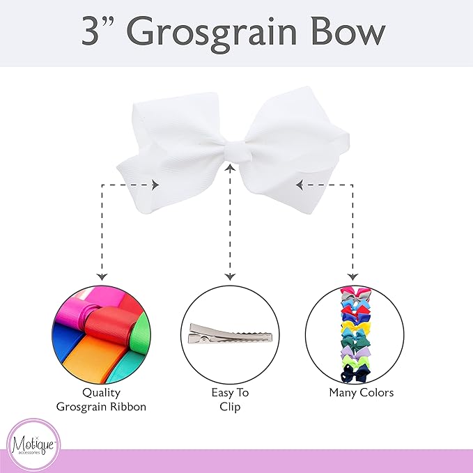 3 Inch Grosgrain Bow for Little Girls- Set of 2 (White)