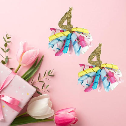 Birthday Hair Clips for Baby Girls - 2Pc Curly Ribbon with Gold Number Bow Hair Clips for 4th Birthday Baby Bow Party Decorations for Girls Toddlers Hair Accessories (Gold Number- 4 Years)