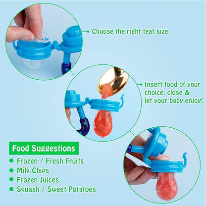Baby Fruit Feeder/Food Feeder Pacifier for Babies (2 Pack) - HAOBAOBEI Mesh Teethers for Babies, Infant Teething Toy in Appetite Stimulating Colors, Bonus Includes 3 Sizes Silicone Pouches