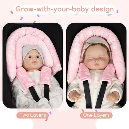 Infant Car Seat Insert & Strap Cover for Baby Girls, 2 in 1 Carseat Head Support Newborn, Ultra Soft Car Seat Cushion for Babies, Plush Fabric, Fit for Swing, Car Seat, Stroller, Bouncer, Pink