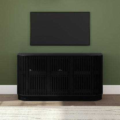 Plank+Beam Contour Wood TV Stand, Three Door Solid Wood Entertainment Console with Storage, 59" L x 16" W x 30" H, Black