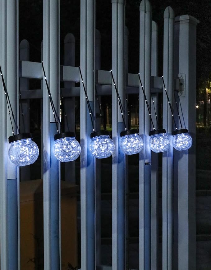 PARTPHONER Solar Lights Outdoor Waterproof 12-Pack, Solar Powered Hanging Lantern Cracked Glass Hanging Globes for Yard Decor Christmas Decoration, Shepherd Hook, Garden Tree Ornaments, Cold White