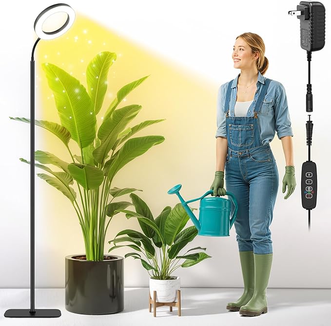 Grow Lights for Indoor Plants,Floor Lamp with 63IN Stand,Full Spectrum,10 Dimming,Halo Ring Warm Light, 3/9/12H Timer,Height Adjustable,Metal Stable Base Growing Light for Tall Small Plant