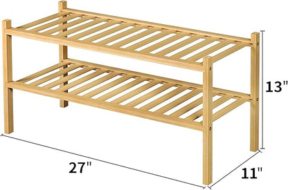 2 Tier Bamboo Shoe Rack for Closet Free Standing Wood Shoe Shelf for Entryway Small Space Stackable 27"x11"x13" (Natural)