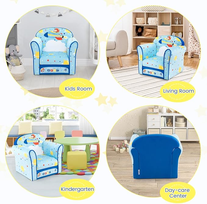 Costzon Kids Couch, Children's Sofa Armrest Chair with Pattern, Toddler Furniture w/Sturdy Wood Construction, Preschool, Lightweight Kids Couch Sofa Chair for Aged 1-5 Boys & Girls Gifts, Airplane