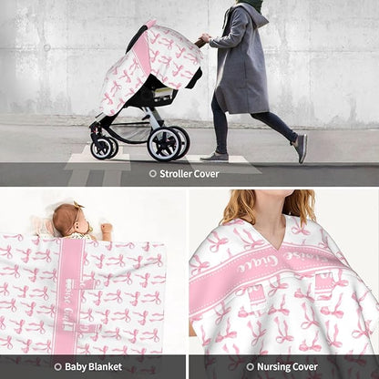 Personalized Baby Car Seat Canopy with Name – Custom Pink Bow Minky Nursing Cover for Girls, Soft Stroller Cover for Infants & Newborns, Carseat Canopy for Breastfeeding