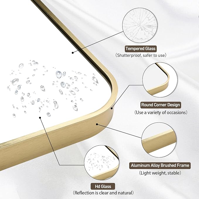 Gold Bathroom Mirror, 22x30 Inch Brushed Gold Mirror, Aluminum Alloy Framed Vanity Mirror, Rounded Rectangle Mirror for Over Sink, Anti-Rust Wall Mirror (Horizontally or Vertically)