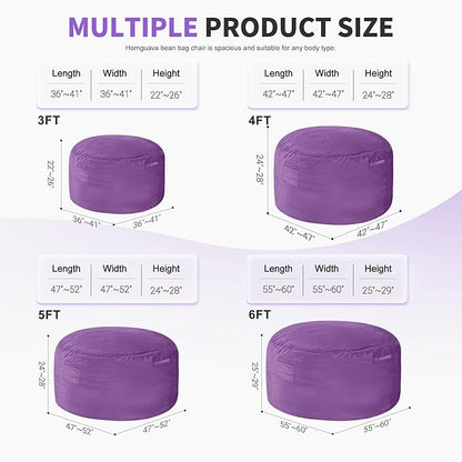 Homguava 4 FT Bean Bag Chair: 4' Bean Bags with Memory Foam Filled, Large Beanbag Chairs Soft Sofa with Dutch Velvet Cover-Purple