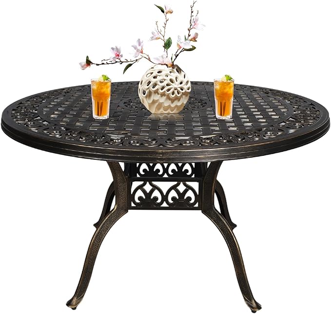 48" Round Patio Table for 6 Person Cast Aluminum Bistro Table with Umbrella Hole,Metal Patio Table Outdoor Bistro Dining Table for Garden,Bronze