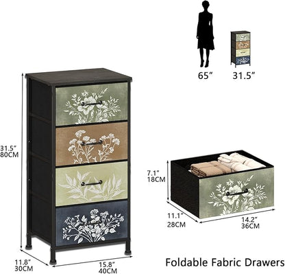 Tohomeor Vintage Dresser Vertical Nightstand with Neutral Botanical Plant Fabric Chest Drawers for Closet Bathroom Storage Tower Unit Bed Side Organizer Farmhouse Rustic (Multi, 4 Drawers)