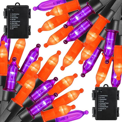 Dazzle Bright Purple and Orange Halloween Lights Battery Operated, 2 Pack Total 100LED 32FT Waterproof Mini String Lights with 8 Modes, Halloween Decorations for Outdoor Indoor Garden Yard Party