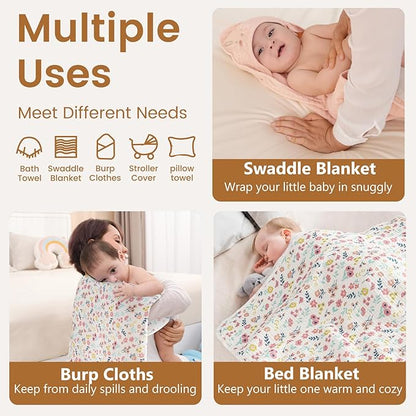 david's kids 2 Pack Baby Hooded Towels, Large 32"x32", 6 Layer 100% Muslin Cotton Absorbent Girl Bath Towel for Newborn, Infant and Toddler. Soft and Breathable Baby Essentials, Pink Floral&Rose