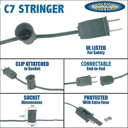 Novelty Lights 25 Foot C7 Outdoor String Light Christmas Stringer - Patio String Lights - Candelabra Base (C7/E12) - 12" Spacing - White Wire