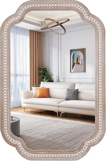 36x24'' Boho Decorative Wall Mirrors with Beaded, Wooden Scalloped Bathroom Mirrors for Over Sink, Farmhouse Style for Bedroom, Living Room, Entryway - Vertical/Horizontal Hanging