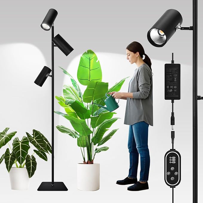 90W Dimmable Grow Light, Full Spectrum COB LED Triple-Head Floor Lamp with High CRI, 6/8/12H Timer, Adjustable Height (43"-83") & Angle – Standing Grow Lights for Indoor Plants (daylight 6000K)