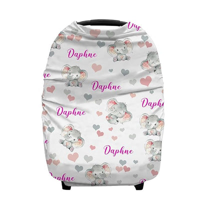 Personalized Cute Elephant Pink Baby Car Seat Covers with Name, Custom Nursing Cover Breastfeeding for Babies, Carseat Canopy for Girls, Infant Stroller Cover, Breathable Carseats Cover