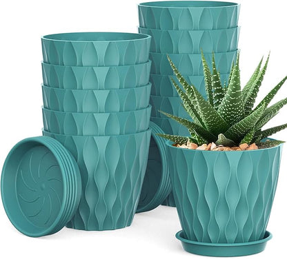12 Pack 4 Inch Small Plant Pots with Saucers, Waffle Texture Plastic Planters with Drainage Holes for Indoor and Outdoor Plants, Flowers, Herbs, Succulents, and Seedlings, Blue