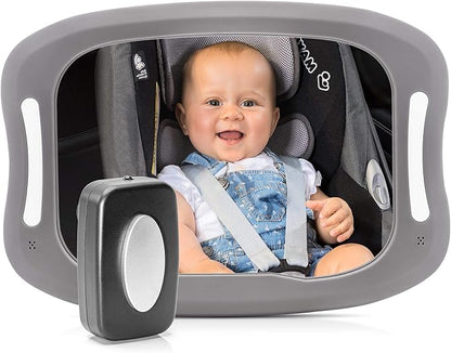 reer BabyView 86101 LED Car Safety Mirror - Your Baby in the Back Seat Always in View, Grey