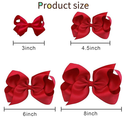 Oaoleer 8PCS Hair Bows for Girls Red Grosgrain Ribbon Boutique Bow Alligator Clips Hair Accessories for Toddlers Little Girls Kids (8inch, 6inch, 4.5inch, 3inch in Pair)