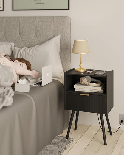 Black Nightstand with Outlet,Modern Bedside Table with Storage Drawer and Open Wood Shelf, for Living Room, Bedroom and Small Spaces, Accent Night Stand with Solid Wood Legs, Easy Assembly