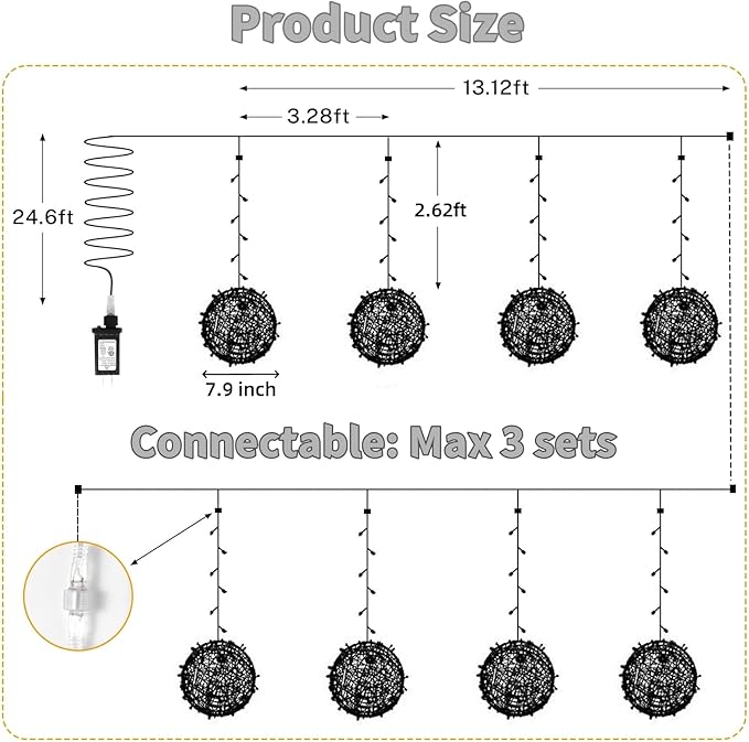 Outdoor Christmas Balls Lights 4 Pack Hanging 7.9" LED Garden Sphere Tree Lights 8 Modes Waterproof Glow Globe Light with Memory Timer Plug for Yard Porch Eave Patio Home Bedroom Decoration-Cool White