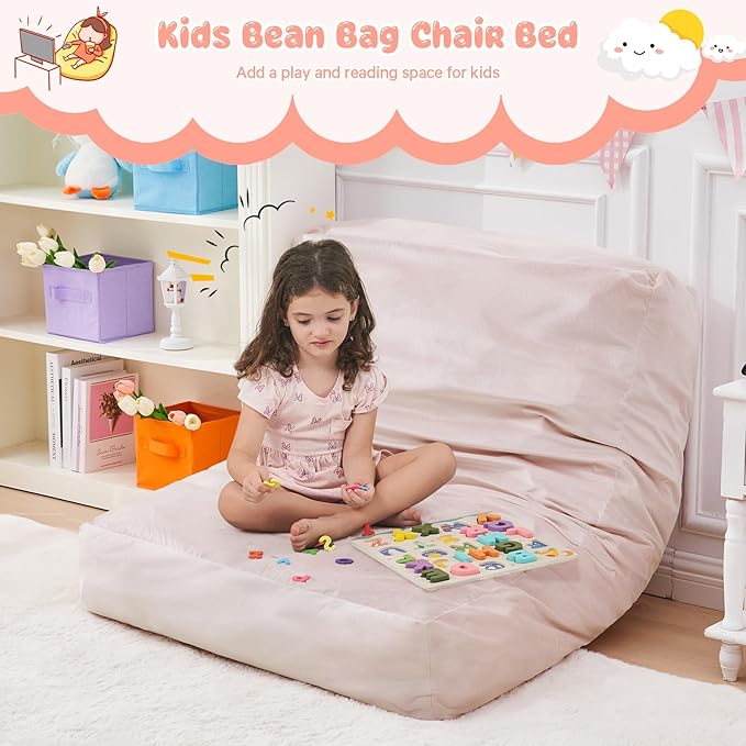 Kids Bean Bag Chair Bed - Convertible Lazy Chair to Floor Mattress with Filler - Small Beanbag Chair for Boys and Girls - Floor Couch Sofa in Bedroom, Classroom, Reading Nook - Pink