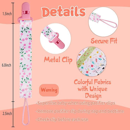 12 Pack Floral Baby Pacifier Clip for Girls, Cute Flower Printed Pacifier Holder, Sweet Stylish Design, Secure Clip, Lovely Baby Girl Gift