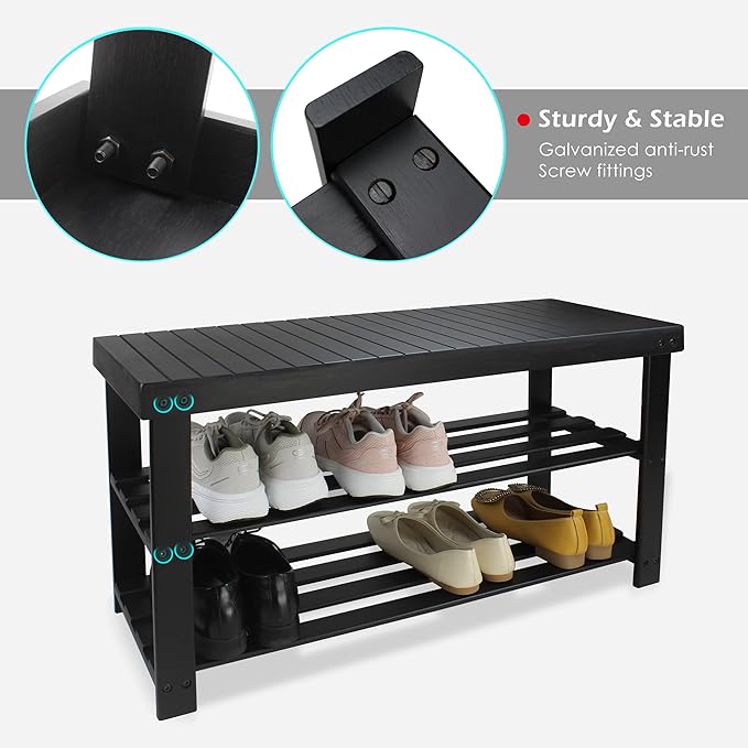 SMIBUY Bamboo Shoe Rack Bench, 3-Tier Shoe Organizer Storage Shelf for Entryway Hallway Bathroom Living Room (Black)
